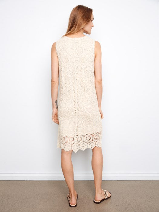 Crochet Sleeveless Lined Midi Dress With Front Button Faux Placket