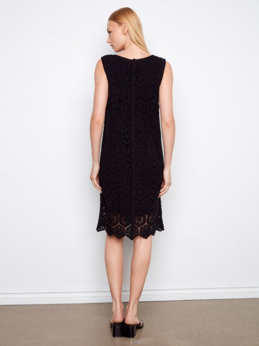 Crochet Sleeveless Lined Midi Dress With Front Button Faux Placket