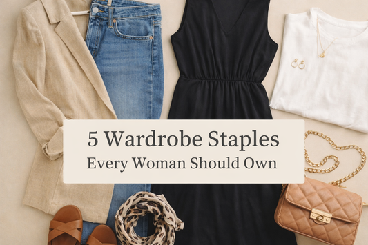 Five wardrobe staples every woman should own including a classic dress, white blouse, tailored blazer, denim jeans, and versatile handbag