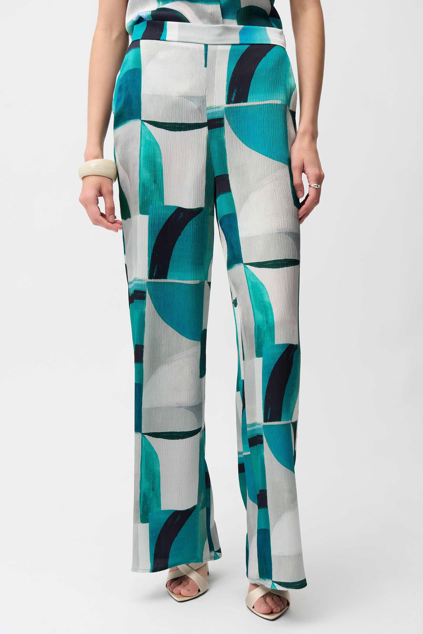 Joseph Ribkoff Textured Satin Geometric Print Wide Leg Pull-On Pants