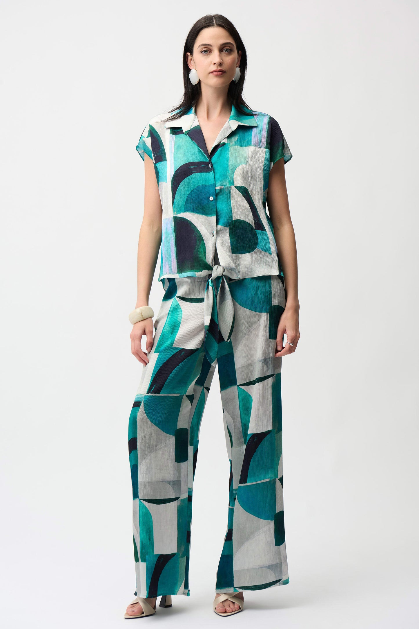 Joseph Ribkoff Textured Satin Geometric Print Wide Leg Pull-On Pants