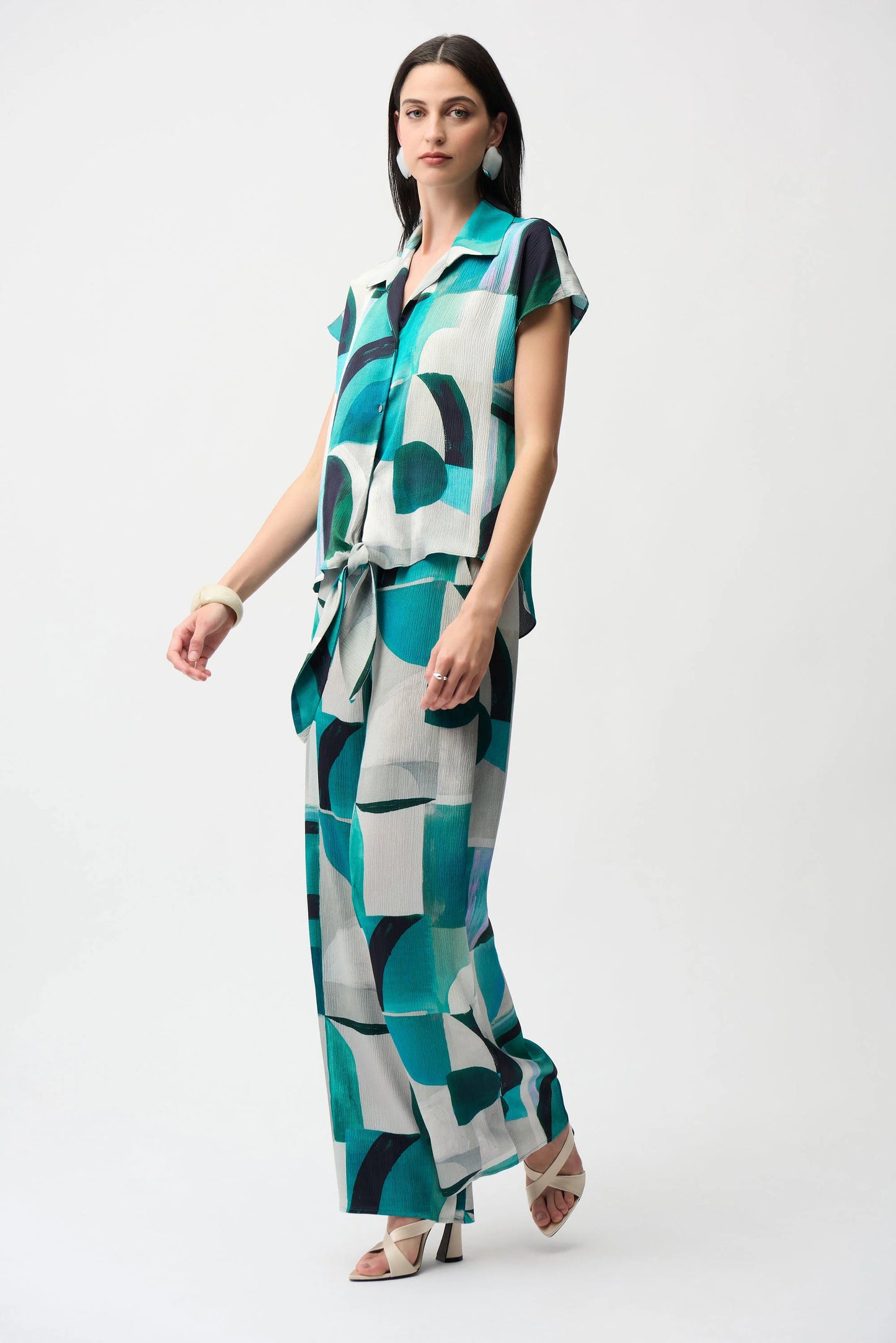 Joseph Ribkoff Textured Satin Geometric Print Boxy Top With Front Ties