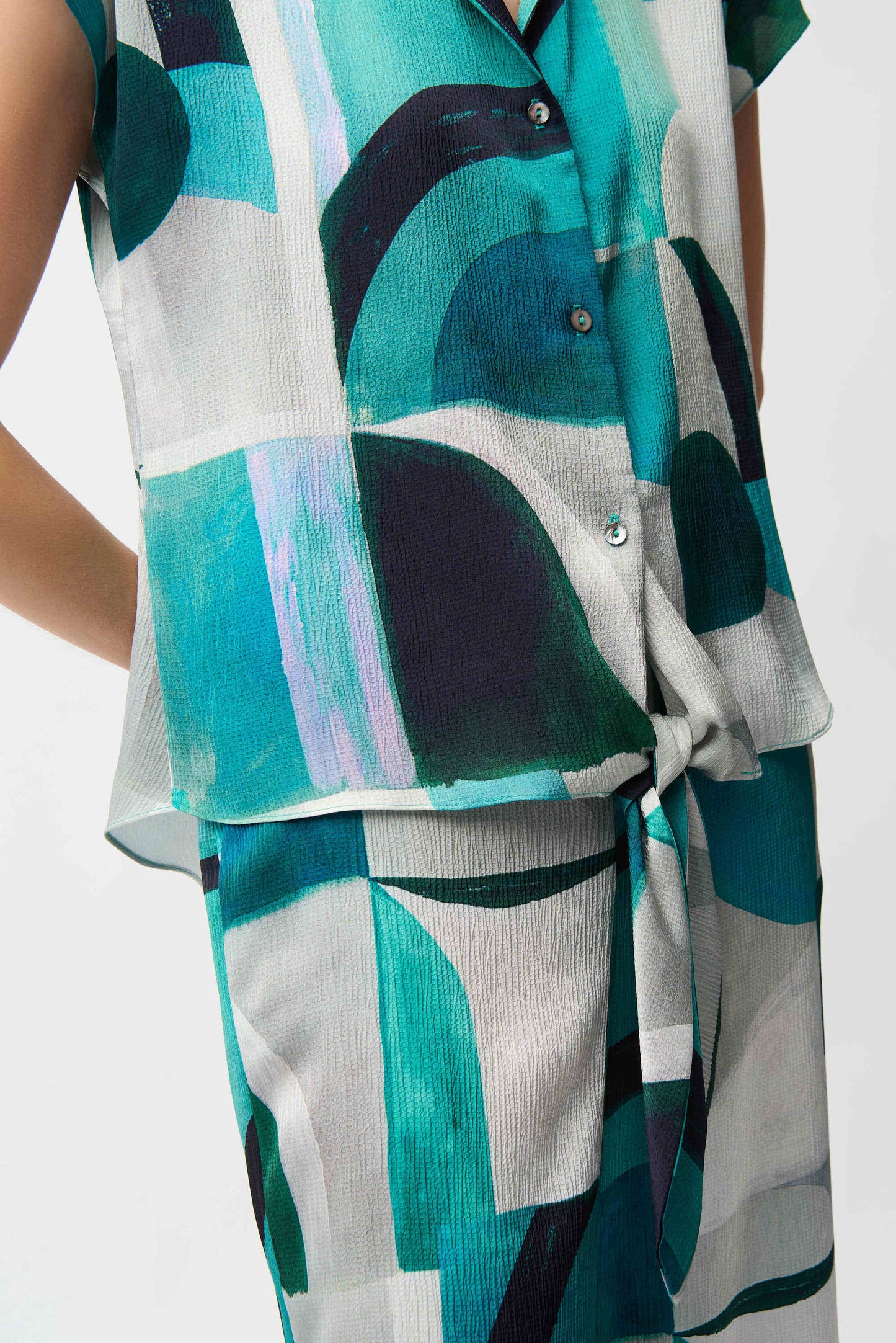 Joseph Ribkoff Textured Satin Geometric Print Boxy Top With Front Ties