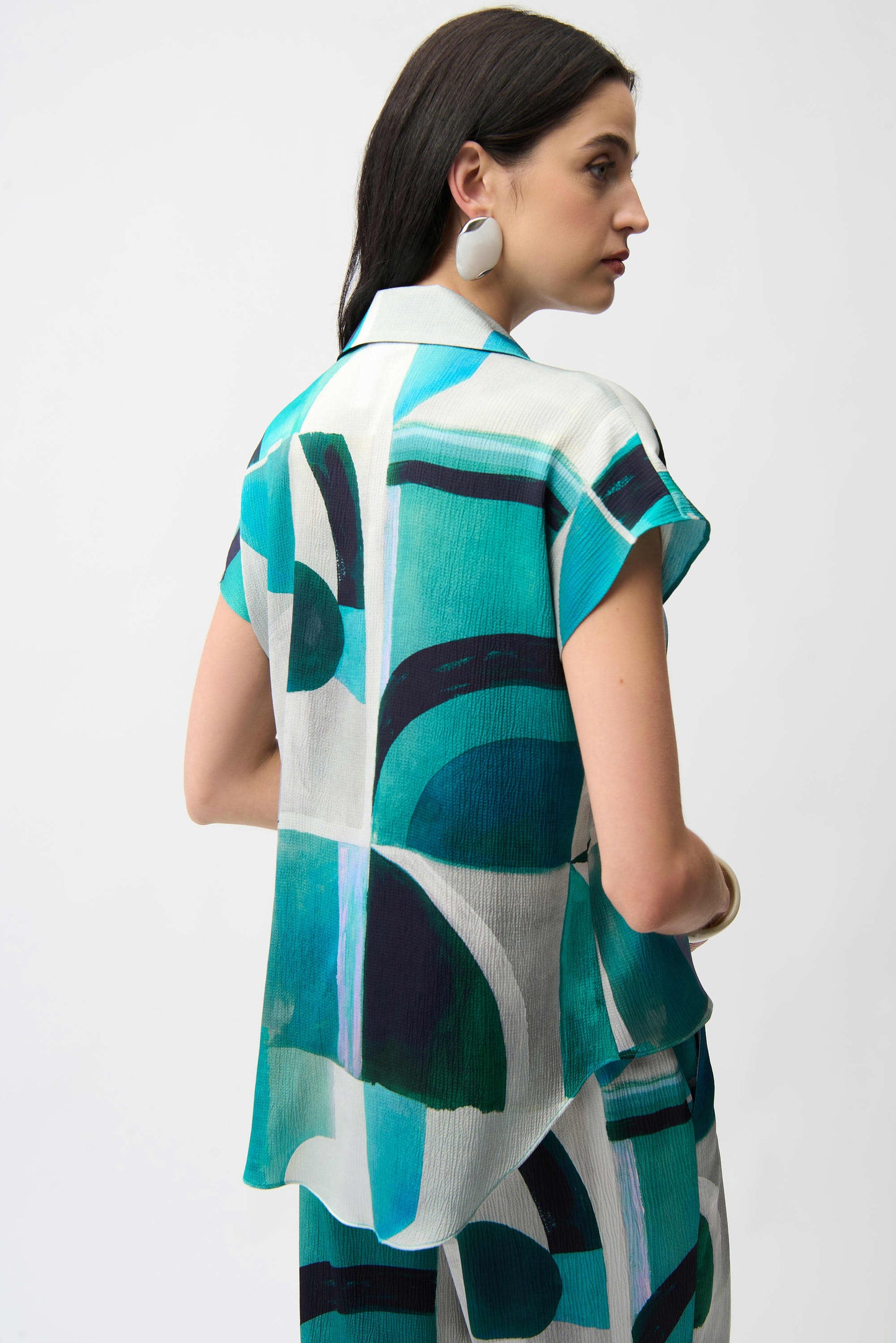 Joseph Ribkoff Textured Satin Geometric Print Boxy Top With Front Ties