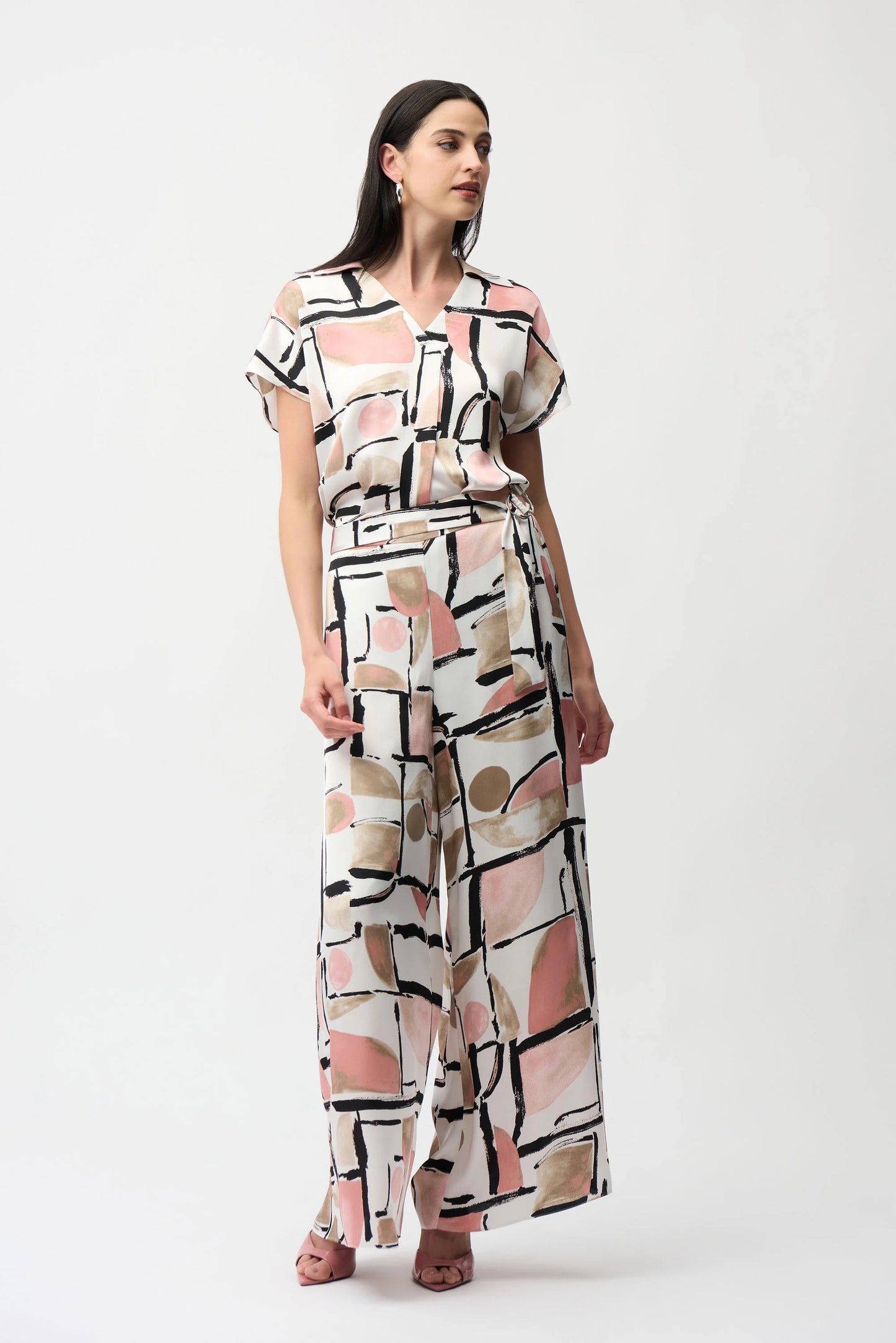 Joseph Ribkoff Recycled Satin Abstract Print Wide Leg Pull-On Pants