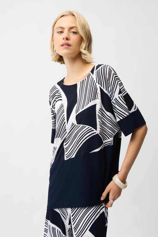 Joseph Ribkoff Silky Knit Geometric Print Asymmetrical Cocoon Top