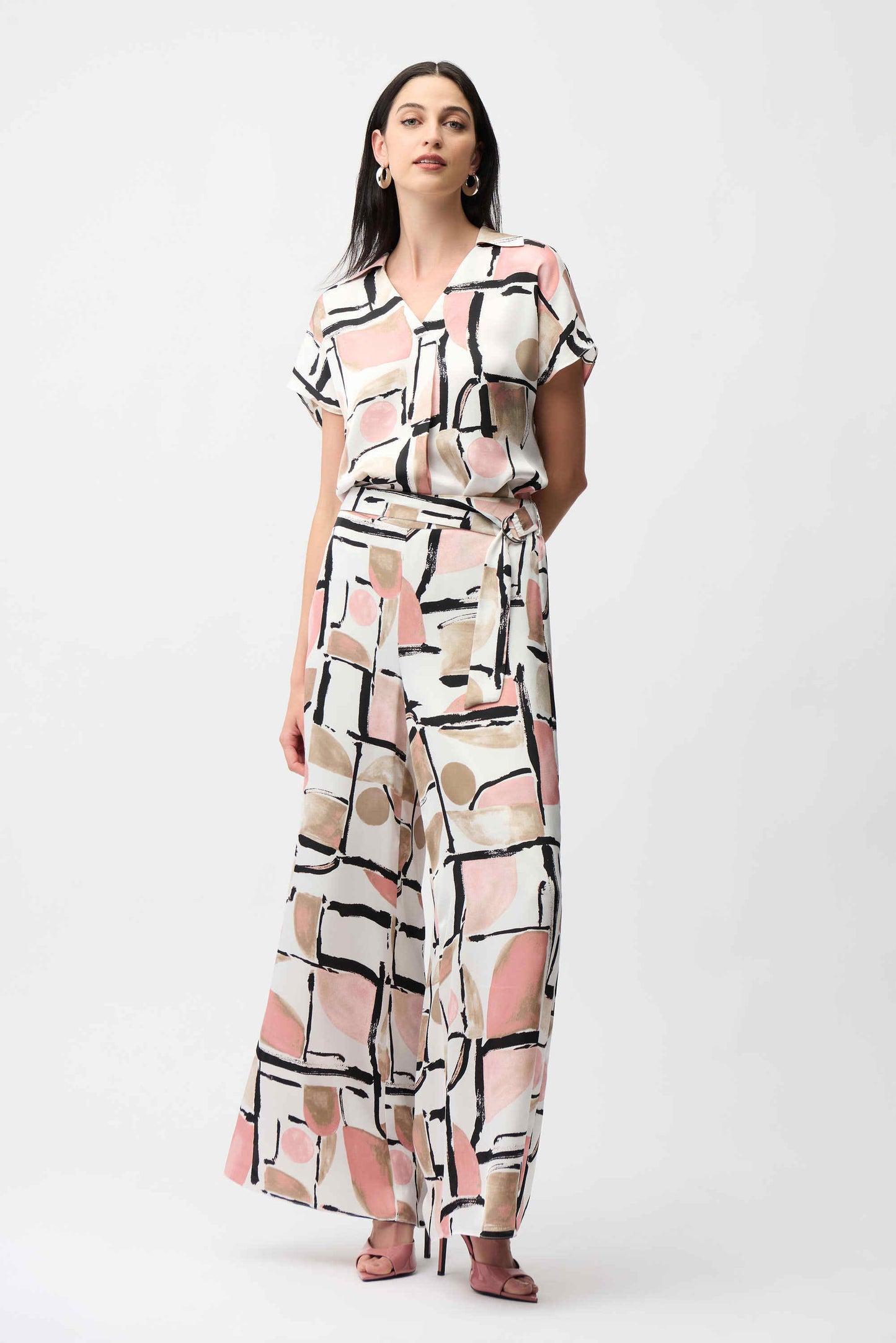Joseph Ribkoff Recycled Satin Abstract Print Boxy Top With V-neckline
