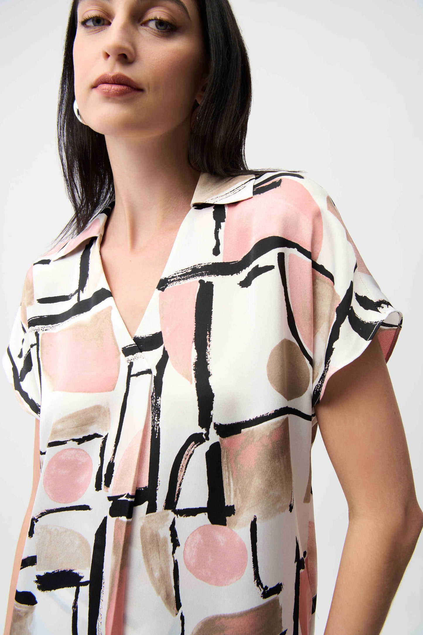 Joseph Ribkoff Recycled Satin Abstract Print Boxy Top With V-neckline