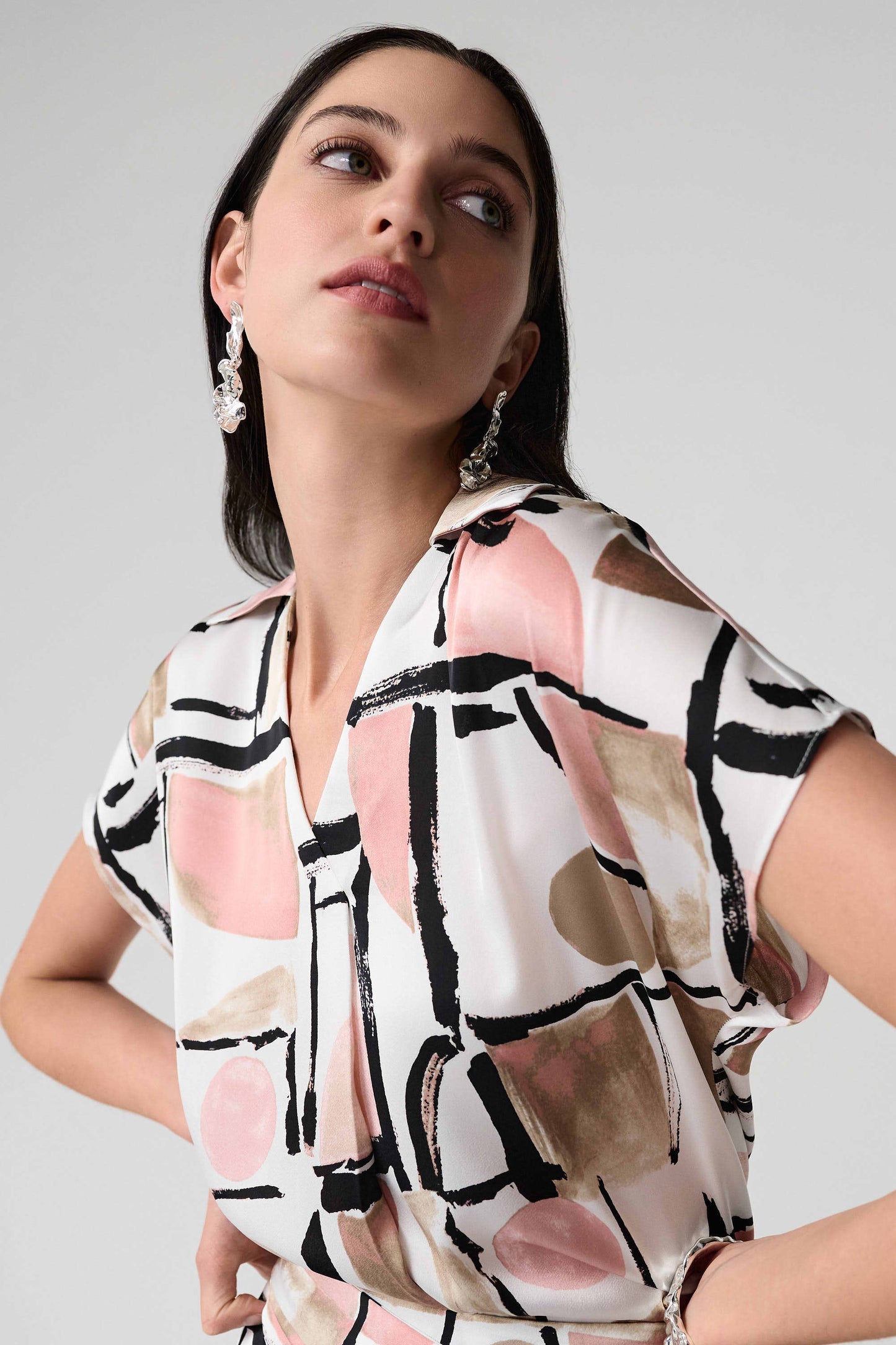 Joseph Ribkoff Recycled Satin Abstract Print Boxy Top With V-neckline