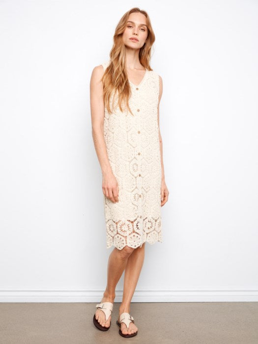 Crochet Sleeveless Lined Midi Dress With Front Button Faux Placket