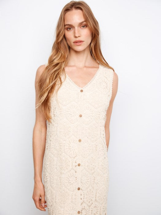 Crochet Sleeveless Lined Midi Dress With Front Button Faux Placket
