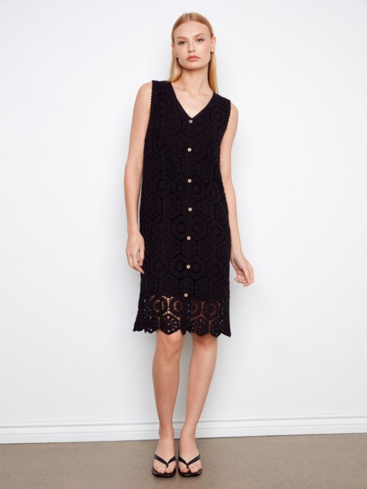 Crochet Sleeveless Lined Midi Dress With Front Button Faux Placket