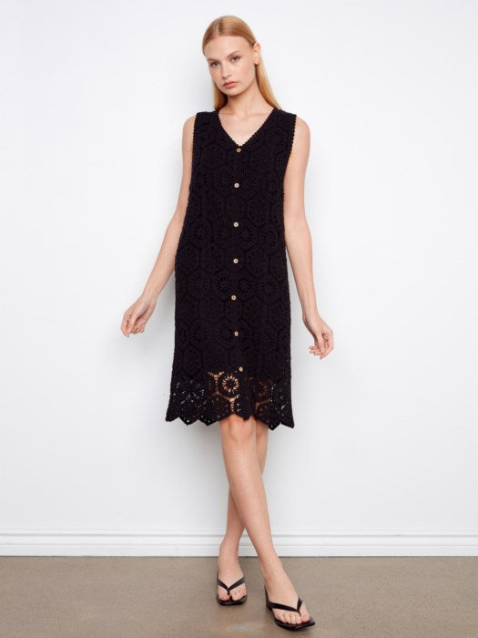 Crochet Sleeveless Lined Midi Dress With Front Button Faux Placket