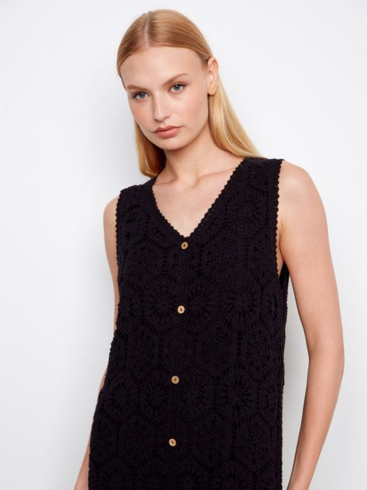 Crochet Sleeveless Lined Midi Dress With Front Button Faux Placket