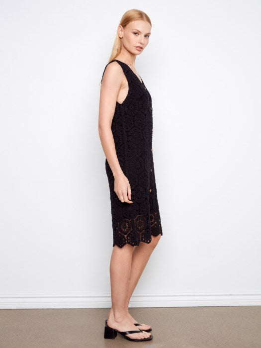 Crochet Sleeveless Lined Midi Dress With Front Button Faux Placket